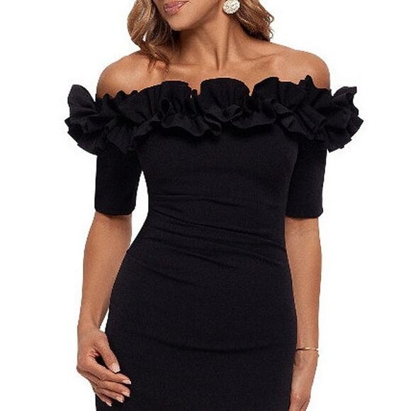 XSCAPE Women's Ruffled Off-the-Shoulder Short Sleeve Crepe Sheath Gown 12 NWT - Picture 4 of 14